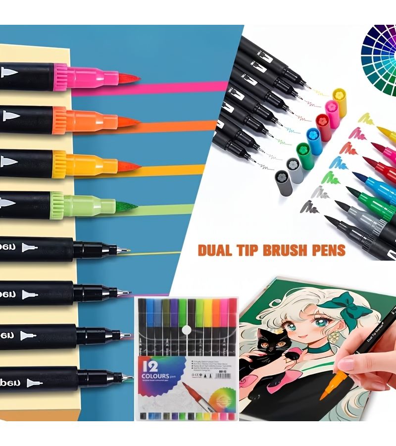 Double Headed Art Pen Set 12 Random Colors Quick Drying Watercolor Markers Professional Art Gifts - Image 1