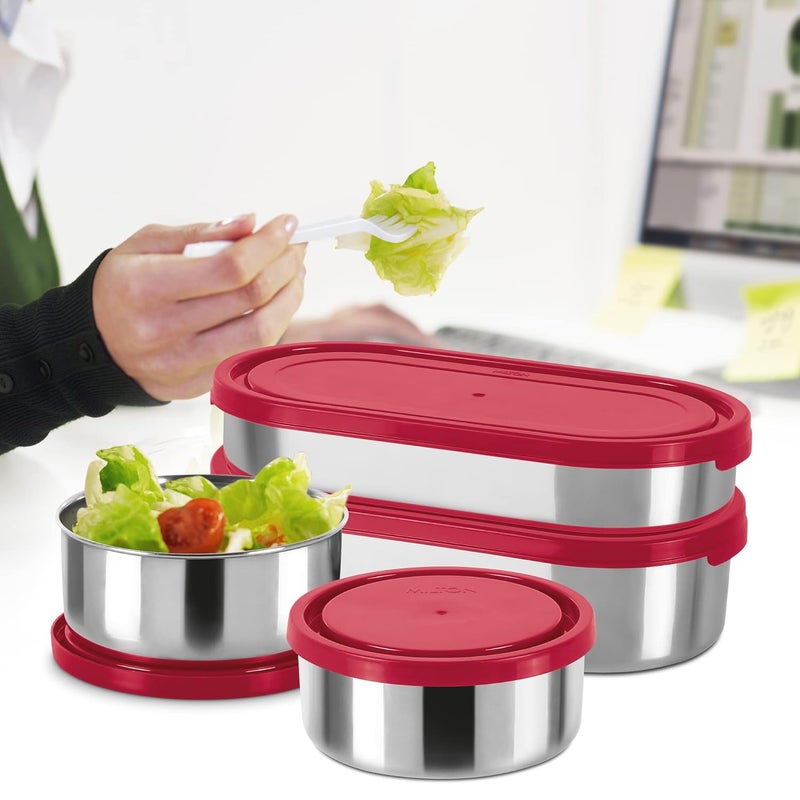 Milton Milton Triple Decker Lunch Box with Insulated Fabric Jacket 4 Containers 2 Oval Stainless Steel 450ml 675ml 2 Stainless Steel 280ml each Spoon Fork LeakProof Tiffin for Office College Red  - Image 3