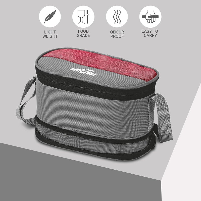 Milton Milton Triple Decker Lunch Box with Insulated Fabric Jacket 4 Containers 2 Oval Stainless Steel 450ml 675ml 2 Stainless Steel 280ml each Spoon Fork LeakProof Tiffin for Office College Red  - Image 2