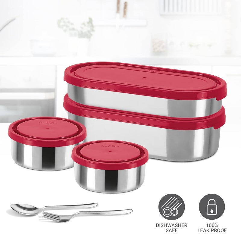 Milton Milton Triple Decker Lunch Box with Insulated Fabric Jacket 4 Containers 2 Oval Stainless Steel 450ml 675ml 2 Stainless Steel 280ml each Spoon Fork LeakProof Tiffin for Office College Red  - Image 5