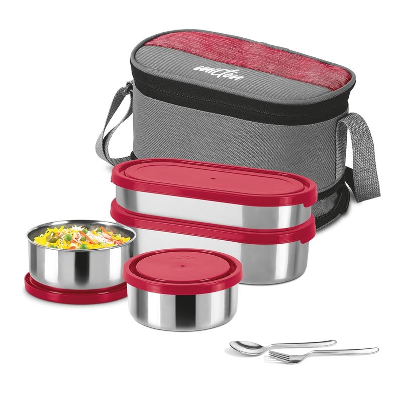 Milton Milton Triple Decker Lunch Box with Insulated Fabric Jacket 4 Containers 2 Oval Stainless Steel 450ml 675ml 2 Stainless Steel 280ml each Spoon Fork LeakProof Tiffin for Office College Red  - Image 1