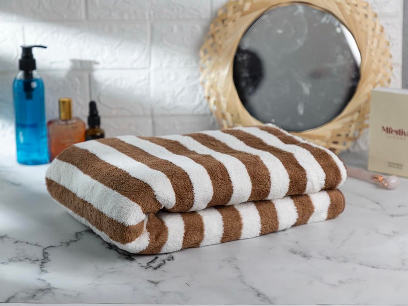 Fezora® Microfiber Bath Towels Strip | (70x140) Extra Soft Plush & Quick Dry High Absorbency Large Size Towels for Bathing (Brown & White) - Image 5