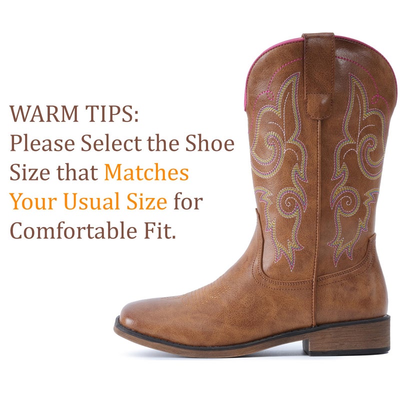 IUV Cowboy Boots For Women Square Toe Wide Western Boots Mid Calf Cowgirl Boots Pull On Fashion Embroidered Cowboy Boots - Image 4