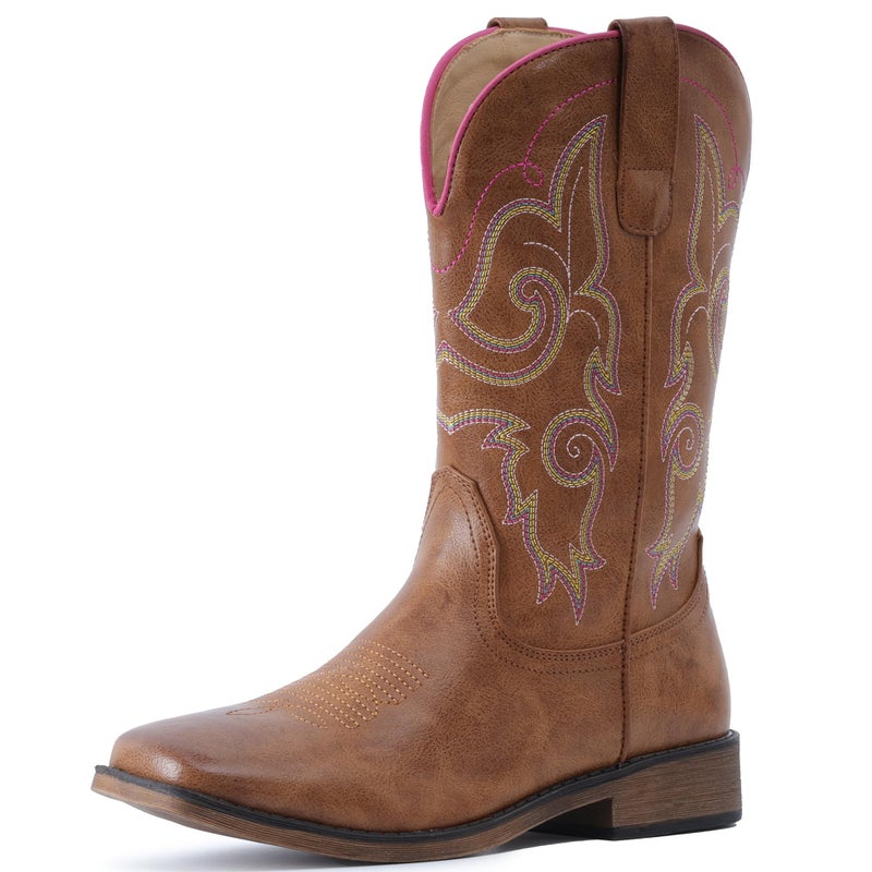 IUV Cowboy Boots For Women Square Toe Wide Western Boots Mid Calf Cowgirl Boots Pull On Fashion Embroidered Cowboy Boots - Image 1