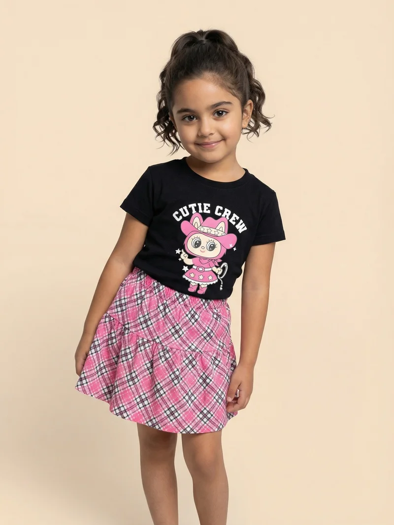 نوتيناتي Nautinati Girls Varsity Graphic Cotton Regular Fit Crew Neck T-shirt and All Over Print Crepe Skirt Clothing Set