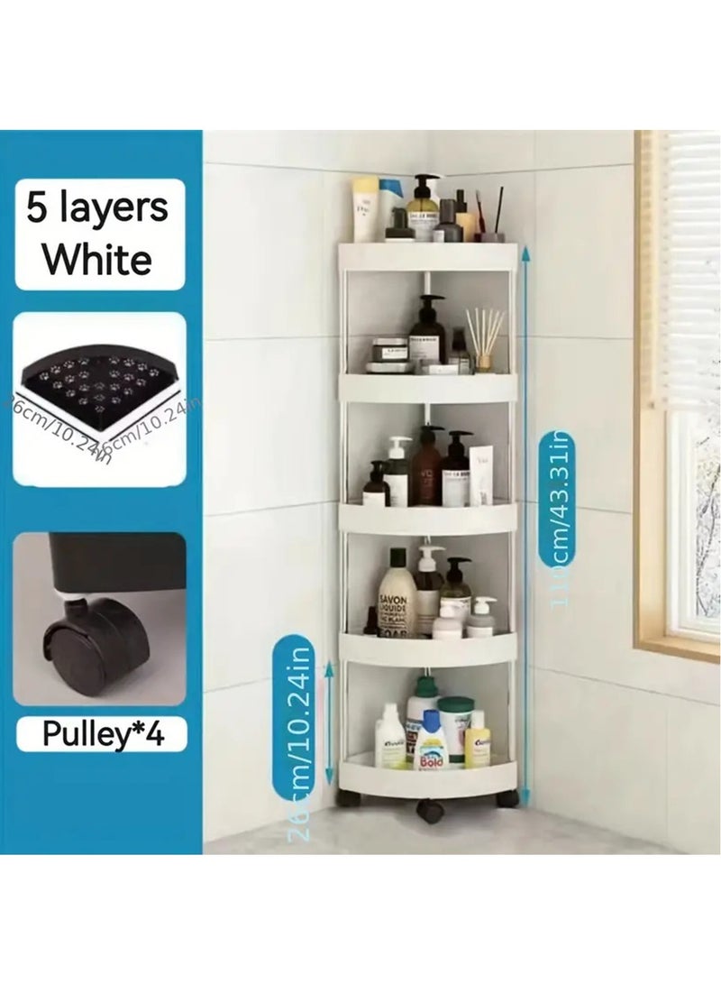 Hihonor Corner Storage Shelf Bathroom, 5 Tiers Movable Storage Rack with Detachable Rolling Wheels, Large Capacity Space Saving Corner Organizer, Hollow-Out Drainage Hole Design, White  - Image 1