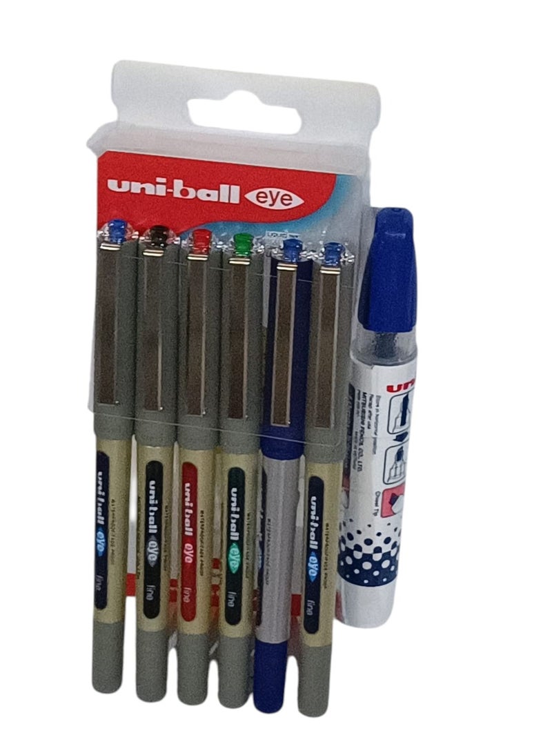 Uniball 6-piece liquid ink pen with 0.7mm tip and multi-color ink with uni whiteboard pen in blue. - Image 2