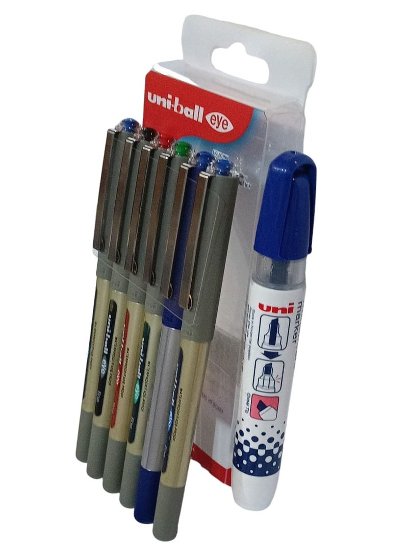 Uniball 6-piece liquid ink pen with 0.7mm tip and multi-color ink with uni whiteboard pen in blue. - Image 3