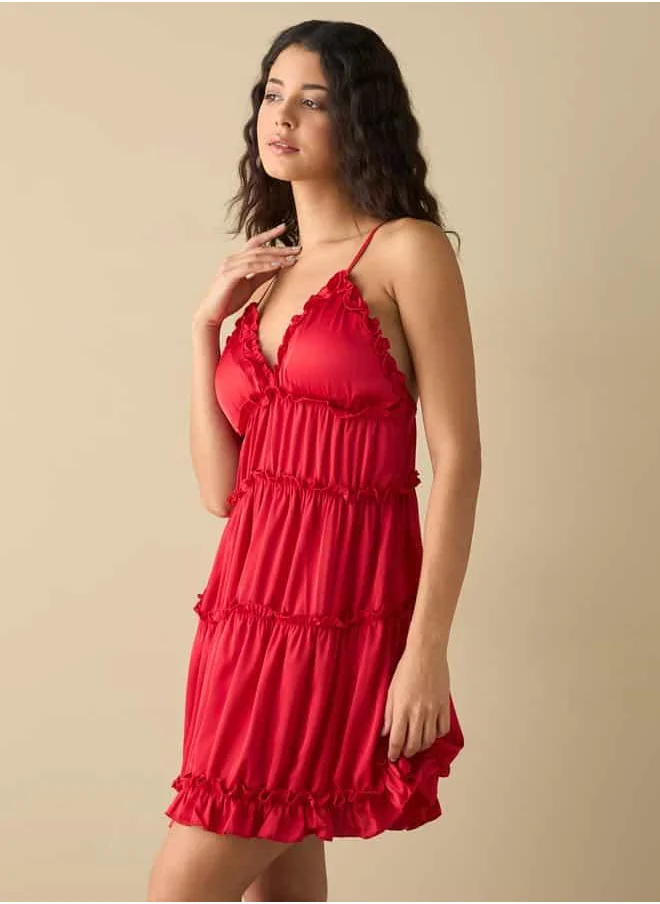 FAV Sleeveless Night Dress with V-neck and Ruffle Detail