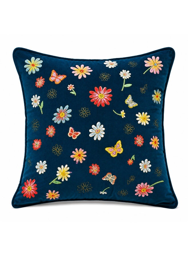 GOLD MANTIS Multi-Daisy Embroidery Cushion Covers 45x45cm (18x18) Pack of 2 – Polyester Velvet Decorative Throw Pillow Covers, Invisible Zipper, Washable, Wrinkle & Fade-Resistant – Marine Blue - Image 1