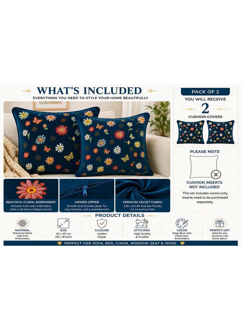 GOLD MANTIS Multi-Daisy Embroidery Cushion Covers 45x45cm (18x18) Pack of 2 – Polyester Velvet Decorative Throw Pillow Covers, Invisible Zipper, Washable, Wrinkle & Fade-Resistant – Marine Blue - Image 2