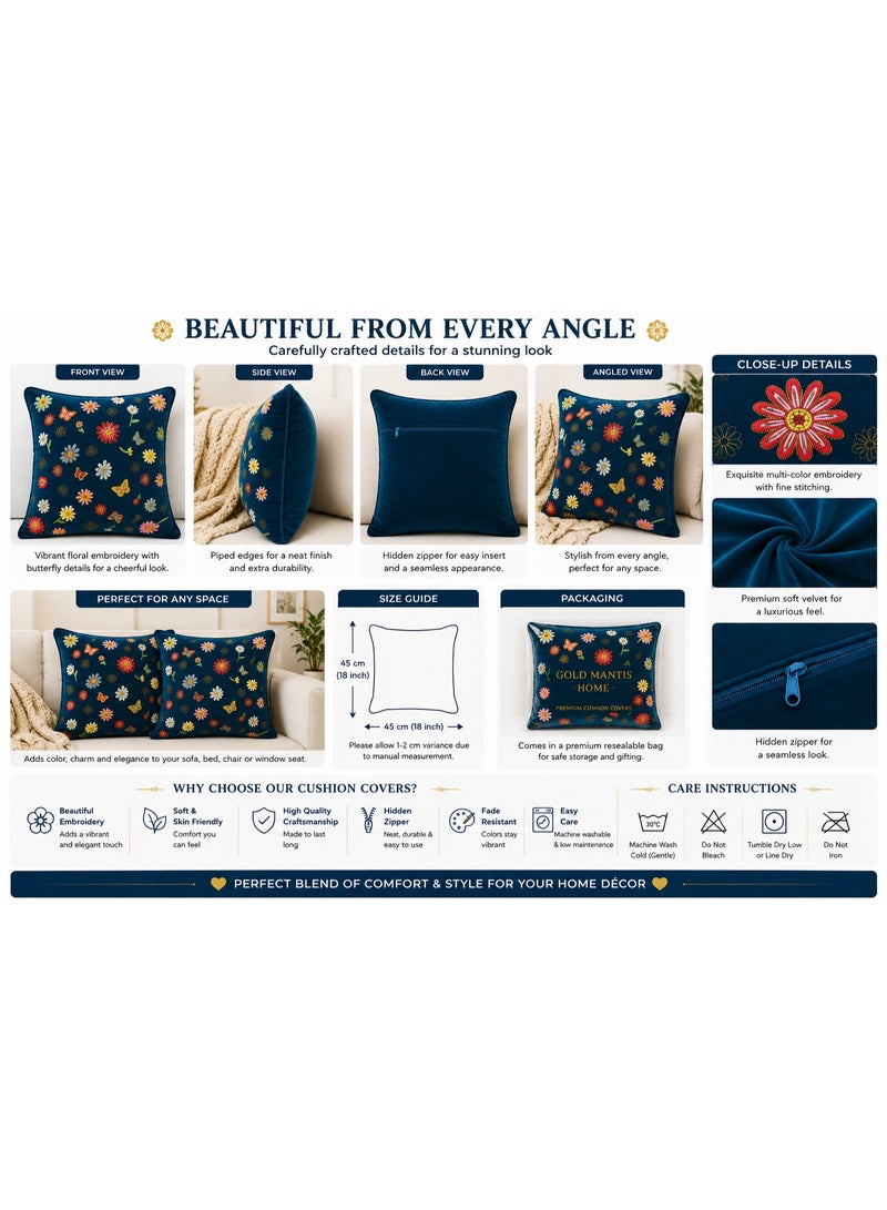 GOLD MANTIS Multi-Daisy Embroidery Cushion Covers 45x45cm (18x18) Pack of 2 – Polyester Velvet Decorative Throw Pillow Covers, Invisible Zipper, Washable, Wrinkle & Fade-Resistant – Marine Blue - Image 3