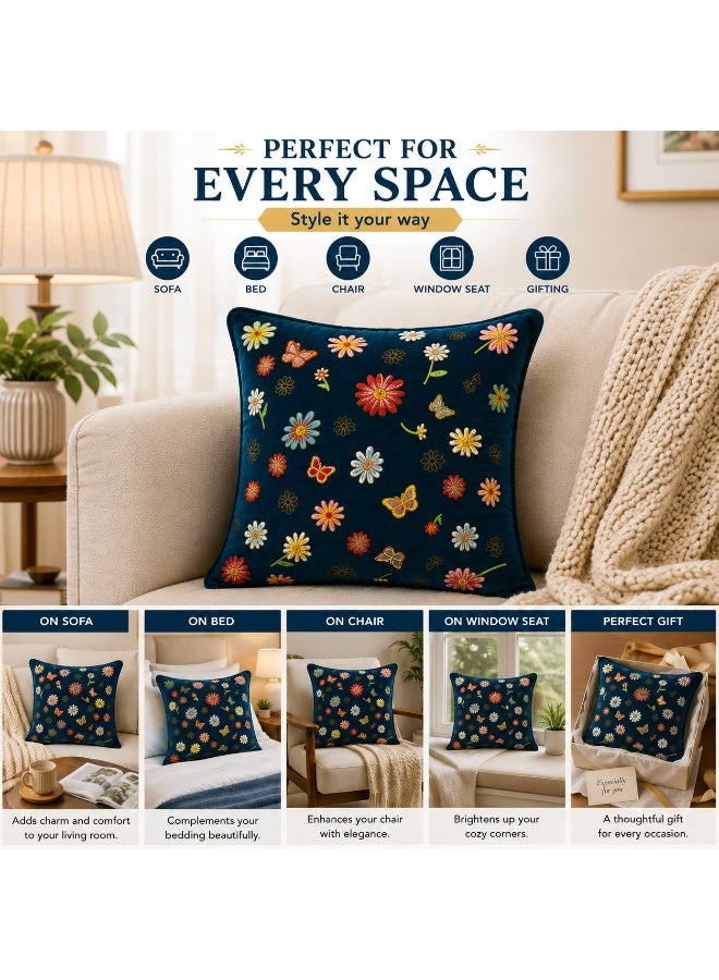 GOLD MANTIS Multi-Daisy Embroidery Cushion Covers 45x45cm (18x18) Pack of 2 – Polyester Velvet Decorative Throw Pillow Covers, Invisible Zipper, Washable, Wrinkle & Fade-Resistant – Marine Blue - Image 4