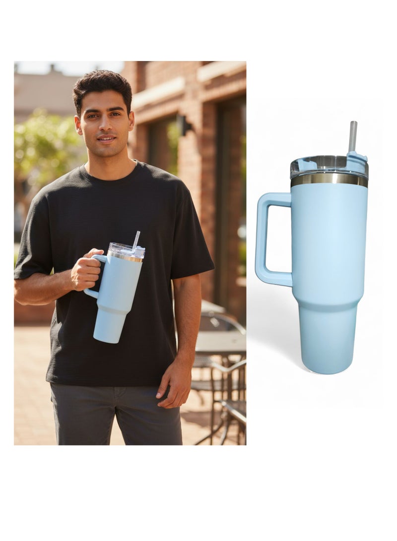 إس إم كوب معزول من الفولاذ المقاوم للصدأ مع غطاء وقشة للماء والشاي المثلج أو القهوة والعصائر والمزيد، 1200 مل أزرق - Image 1