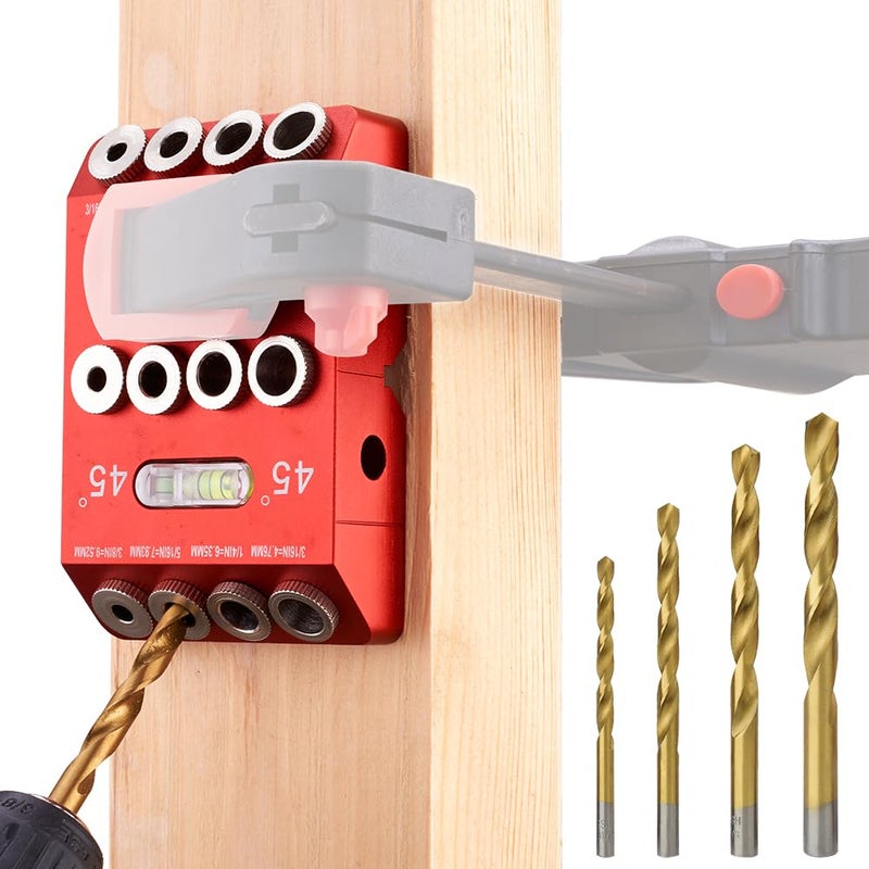 BOXmime 30Â°/45Â°/90Â° Angle Drill Guide Jig, Aluminium Alloy Straight Hole Drilling jig,table Block Attachment Tool for Cable Railing System,Wood Post,Railing Deck Woodworking with 4 drill bits - Image 1