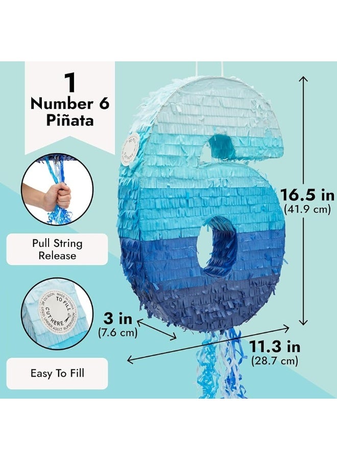 BLUE PANDA Number 6 Pinata - Pull String Pinata for Boys 6th Birthday Party Decorations, Ombre Blue (16.5 x 11.3 x 3 In) - Image 1