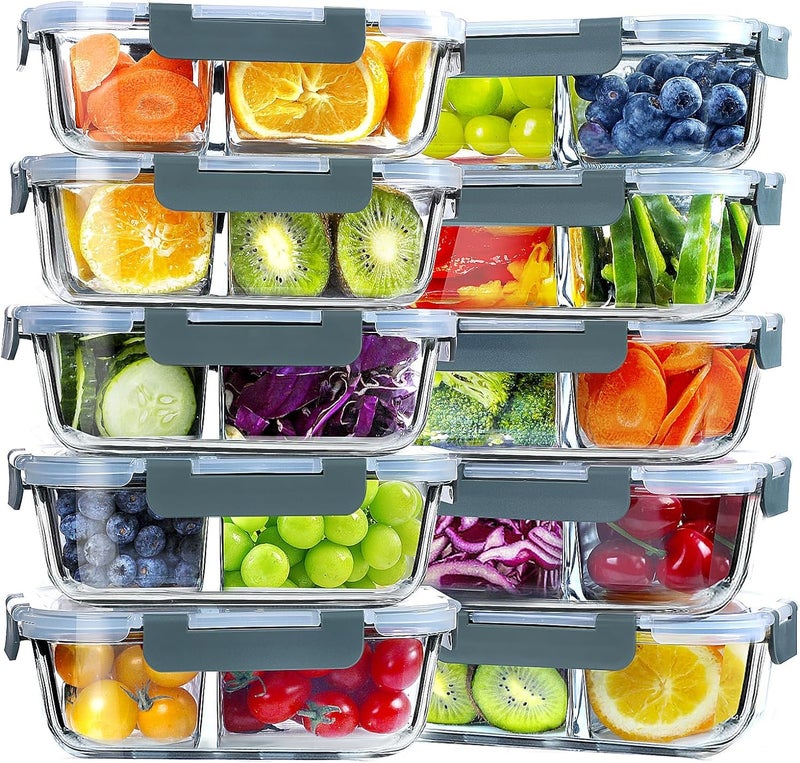 VERONES 10 Pack Glass Meal Prep Containers 2 Compartment Set, 30 OZ Airtight Glass Lunch Containers, Glass Food Storage Containers with Lids, for Microwave, Oven, Freezer & Dishwasher Friendlyï¼ŒGrey - Image 1