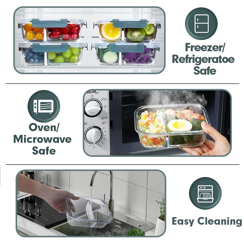 VERONES 10 Pack Glass Meal Prep Containers 2 Compartment Set, 30 OZ Airtight Glass Lunch Containers, Glass Food Storage Containers with Lids, for Microwave, Oven, Freezer & Dishwasher Friendlyï¼ŒGrey - Image 3