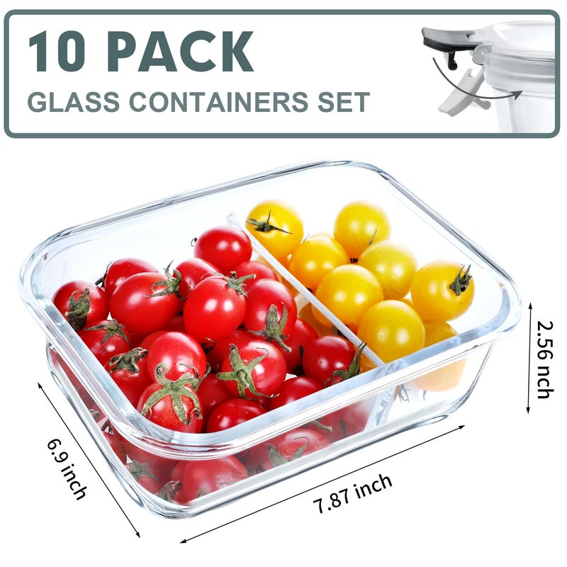 VERONES 10 Pack Glass Meal Prep Containers 2 Compartment Set, 30 OZ Airtight Glass Lunch Containers, Glass Food Storage Containers with Lids, for Microwave, Oven, Freezer & Dishwasher Friendlyï¼ŒGrey - Image 2