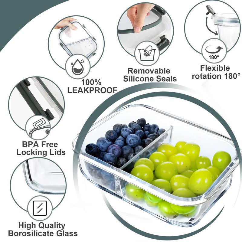 VERONES 10 Pack Glass Meal Prep Containers 2 Compartment Set, 30 OZ Airtight Glass Lunch Containers, Glass Food Storage Containers with Lids, for Microwave, Oven, Freezer & Dishwasher Friendlyï¼ŒGrey - Image 5