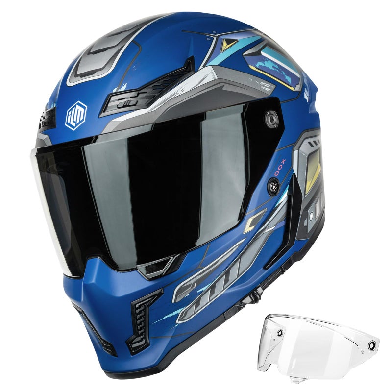 ILM Motorcycle Helmets for Adult Men Women Full Face DOT ECE Powersports Dual Visor Street Racing Helmet with Pinlock Cascos para Motos Model MF509 Cyborg Blue XL