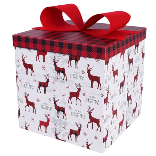 LaRibbons Large Christmas Gift Boxes with Lids10x10x10 Inches Deer Design Folding Square Gift Boxes for Christmas DecorativeXmasPresentStorageRed and White - Image 1