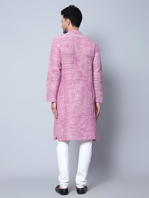 LATEST CHIKAN Men's Cotton Regular Fit Textured Long Kurta Full Sleeves - Casual Ethnic Wear -LK-NK-P-36 Pink - Image 5