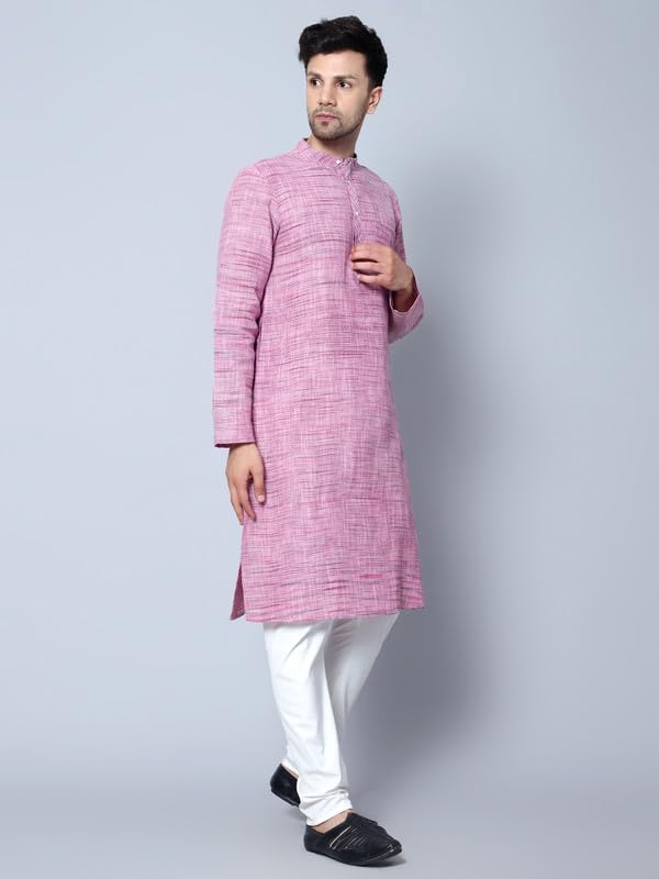 LATEST CHIKAN Men's Cotton Regular Fit Textured Long Kurta Full Sleeves - Casual Ethnic Wear -LK-NK-P-36 Pink - Image 3