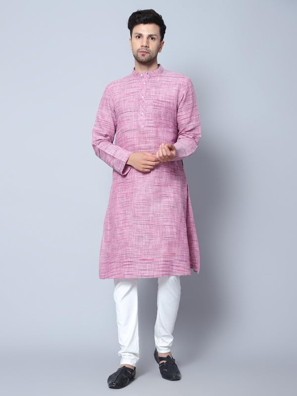 LATEST CHIKAN Men's Cotton Regular Fit Textured Long Kurta Full Sleeves - Casual Ethnic Wear -LK-NK-P-36 Pink - Image 2