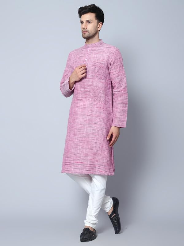 LATEST CHIKAN Men's Cotton Regular Fit Textured Long Kurta Full Sleeves - Casual Ethnic Wear -LK-NK-P-36 Pink - Image 4