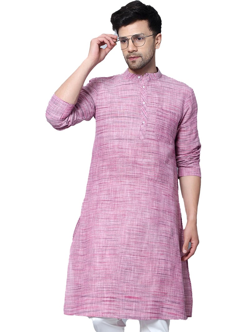 LATEST CHIKAN Men's Cotton Regular Fit Textured Long Kurta Full Sleeves - Casual Ethnic Wear -LK-NK-P-36 Pink - Image 1