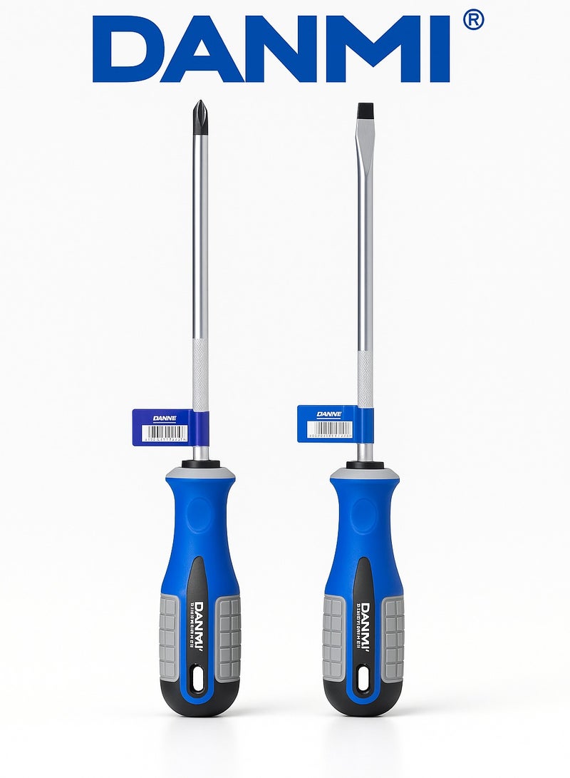 DANMI Screwdriver Set – 2 Pieces, 8" (200 mm) – Slotted 6×200 mm + Phillips PH2×200 mm, Ergonomic Bi-Material Handle, Heat-Treated Steel Shaft - Image 1