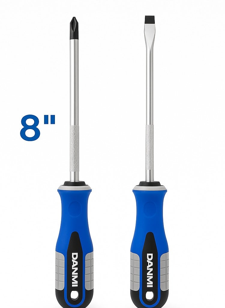 DANMI Screwdriver Set – 2 Pieces, 8" (200 mm) – Slotted 6×200 mm + Phillips PH2×200 mm, Ergonomic Bi-Material Handle, Heat-Treated Steel Shaft - Image 4