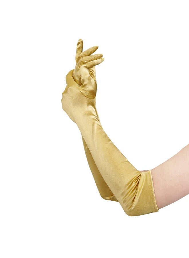 Lansian 22'' Long Opera Satin Finger Gloves Gold for Women, Elbow Length 20s Costume Flapper Bridal Dance Gloves For Evening Party, Gold - Image 2
