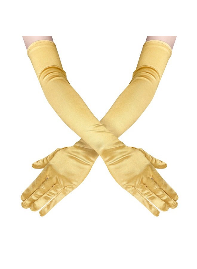 Lansian 22'' Long Opera Satin Finger Gloves Gold for Women, Elbow Length 20s Costume Flapper Bridal Dance Gloves For Evening Party, Gold - Image 1