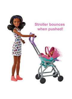 Mattel Games Skipper Babysitters Inc. Playset with Babysitter Doll Curly Brunette Hair, Stroller, Baby Doll & 5 Accessories  - Image 2