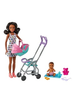 Mattel Games Skipper Babysitters Inc. Playset with Babysitter Doll Curly Brunette Hair, Stroller, Baby Doll & 5 Accessories  - Image 1