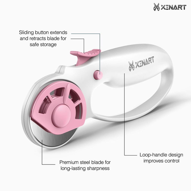 XINART 45mm Rotary Cutter for Fabric Safety Lock Ergonomic Classic Comfort Loop Fabric Small Rotary Cutter for Sewing Quilting Crafting (Extra 2pcs Replacement Blades Included)-Pink - Image 4