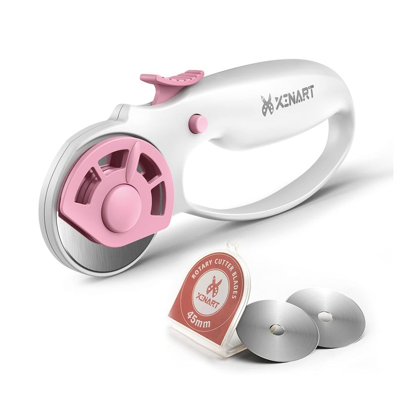 XINART 45mm Rotary Cutter for Fabric Safety Lock Ergonomic Classic Comfort Loop Fabric Small Rotary Cutter for Sewing Quilting Crafting (Extra 2pcs Replacement Blades Included)-Pink - Image 1