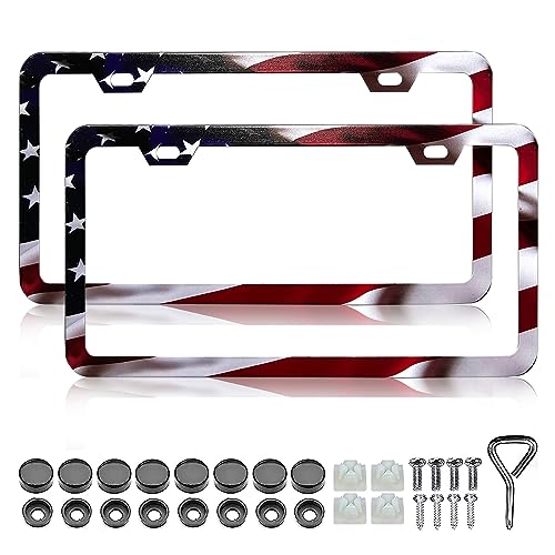 LIN KANG Patriotic American Flag License Plate Frame Holder 2 Pack Universal Aluminum Matte Stripe US Flag Gloss Car Plate Frame Covers with 2 Holes and Screws Fasteners Caps - Image 1