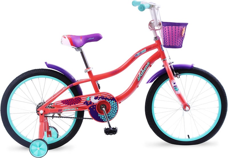 Mogoo Athena Kids Road Bike With Basket For 5-8 Years Old Girls, Adjustable Seat, Handbrake, Mudguards, Reflectors, 20 Inch Bicycle With Training Wheels, Peach Color, Gift For Kids - Image 1
