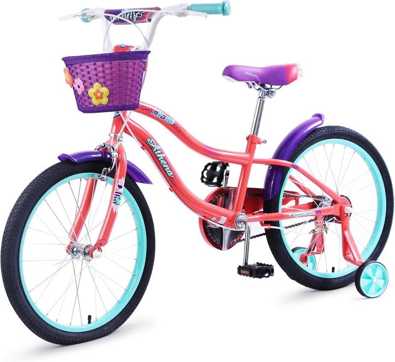 Mogoo Athena Kids Road Bike With Basket For 5-8 Years Old Girls, Adjustable Seat, Handbrake, Mudguards, Reflectors, 20 Inch Bicycle With Training Wheels, Peach Color, Gift For Kids - Image 2