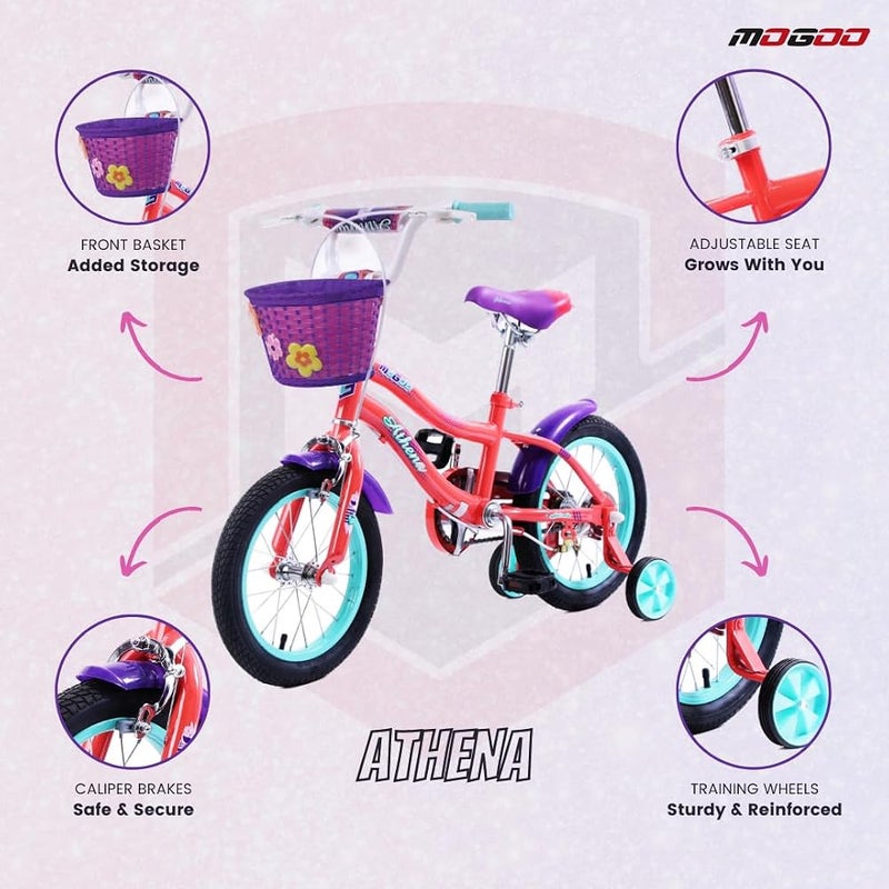 Mogoo Athena Kids Road Bike With Basket For 5-8 Years Old Girls, Adjustable Seat, Handbrake, Mudguards, Reflectors, 20 Inch Bicycle With Training Wheels, Peach Color, Gift For Kids - Image 3