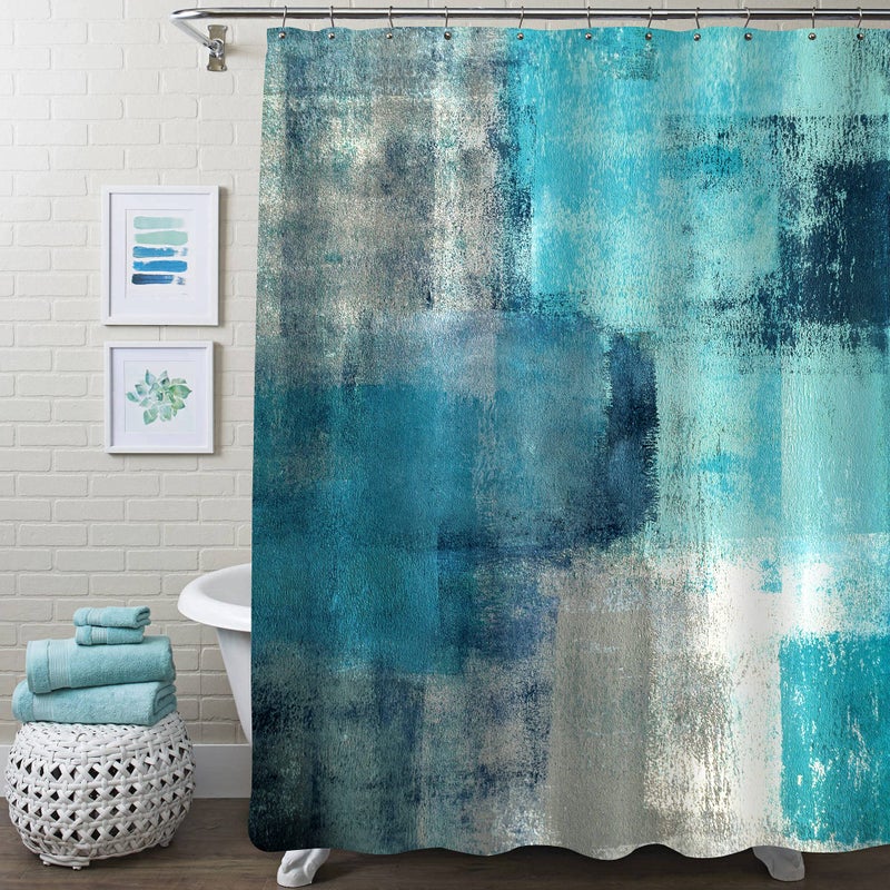 MitoVilla MitoVilla Teal Blue Shower Curtains for Modern Abstract Bathroom Decor  Turquoise Green Fabric Shower Curtain  Vintage Country Grunge Style & Paint Brush Graffiti Design  72 x 72