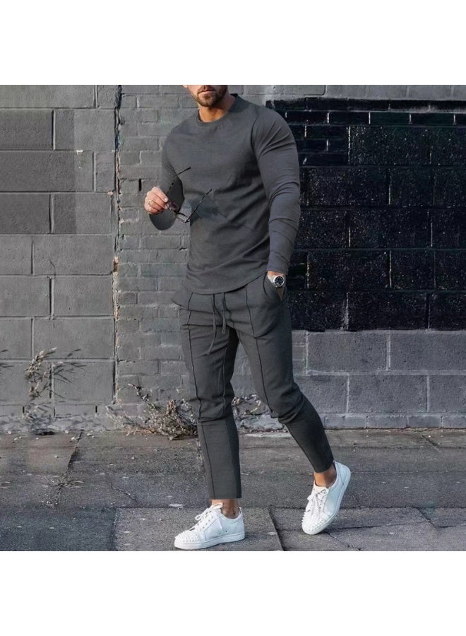 Men's Casual Long Sleeve T-Shirt And Pants Set round Neck Spring Two-Piece Pure Color Comfortable Lightweight Outfit - Image 1