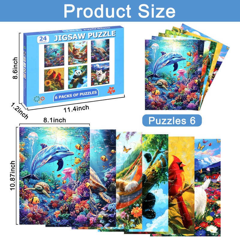 LELEMON 6 Packs 24 Large Piece Puzzles for Seniors,Animals Puzzle for Seniors with Dementia,Turtle Panda Cat Dolphin Bird Dog Easy Jigsaw Puzzle for Alzheimers Memory Games Dementia Activities - Image 2