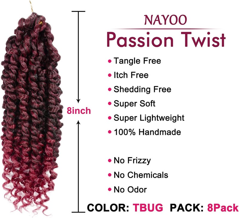 NAYOO Passion Twist Hair - 8 Packs 8 Inch Passion Twist Crochet Hair For Black Women, Crochet Pretwisted Curly Hair Passion Twists Synthetic Braiding Hair Extensions(8 Inch 8 Packs, TBUG) - Image 2