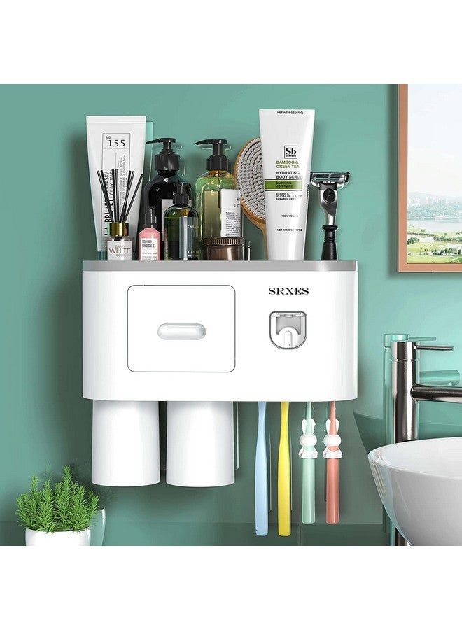 SRXES Acrylonitrilebutadienestyrene Toothbrush Holders For Bathroom, Toothbrush Holder Wall Mounted, Toothpaste Dispenser (2 Cup, White) - Image 1