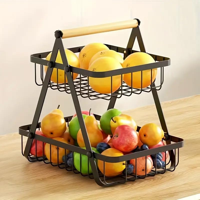 SKOFRI 2 Tier Countertop Fruit BasketPortable Fruit Bowle Basker for Kitchen Organizer Storage Dining Room Fruits Vegetable BreadSnacks Detachable Metal Rectangle Basket Storage Black - Image 1