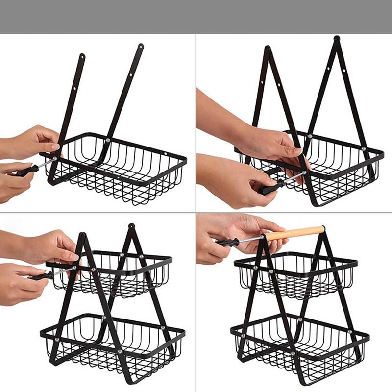 SKOFRI 2 Tier Countertop Fruit BasketPortable Fruit Bowle Basker for Kitchen Organizer Storage Dining Room Fruits Vegetable BreadSnacks Detachable Metal Rectangle Basket Storage Black - Image 3